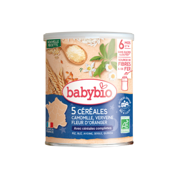 BABYBIO 5 CEREALES VERVEINE FLEUR D’ORANGER CAMOMILLE 220G