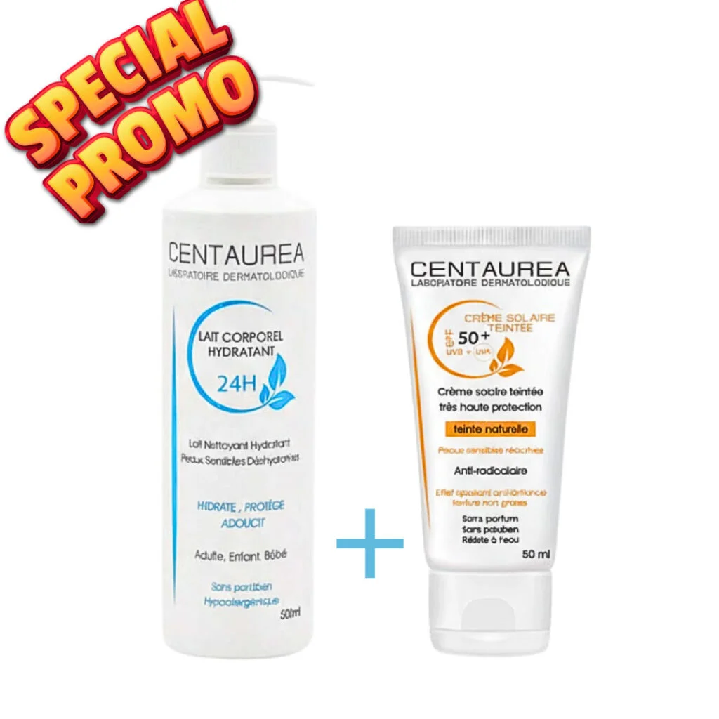 Centaurea-Duo-lait-corporel-hydra-500ml-Ecran-Teinte-spf50-50ml.jpg Centaurea Lait Corporel Hydra 200ml +Ecran Teinte Spf50+ 50ml Pack