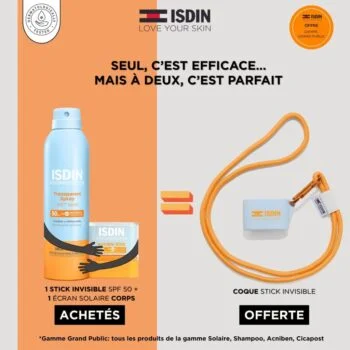 ISDIN Fotoprotector spray transparent adulte spf50 250ml + ISDIN Fotoprotector Invisible Stick SPF50 10g = Coque stick invisible OFFERTE
