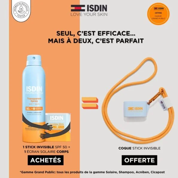 ISDIN Fotoprotector spray transparent adulte spf50 250ml + ISDIN Fotoprotector Invisible Stick SPF50 10g = Coque stick invisible OFFERTE