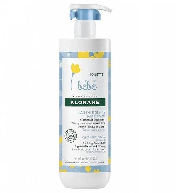 Klorane Bébé – Lait de toilette sans rinçage au Calendula apaisant – Bébé – Peau normale à sèche 500 ml