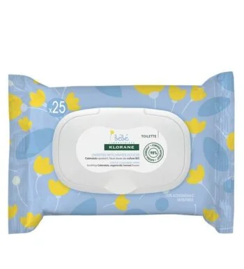 Klorane – Lingettes nettoyantes douces pour le corps au Calendula apaisant – Bébé – Peau normale à sèche 25 unités