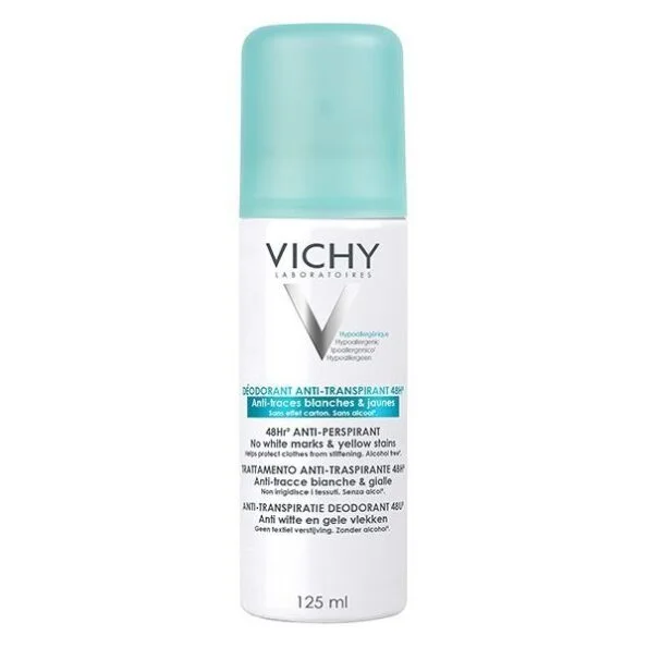 Vichy Dermo-Tolérance Déodorant Anti-Transpirant 48H Anti-Traces Jaunes et Blanches Aérosol | 125ml
