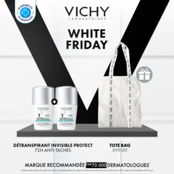 VICHY DÉODORANT DERMO-DÉTRANSPIRANT INVISIBLE PROTECT 72H ANTI-TACHES ANTI-IRRITATIONS LOT DE 2 = TOTE BAG Offert