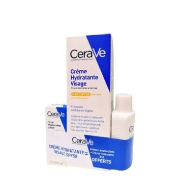 Cerave Creme Hydratante Spf50 52ml + Creme Hydratante Et Creme Lavante Format Voyage Offertes