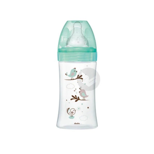 Dodie – Biberon verre Initiation+ (0-6 M) 3 vitesses débit 2 – Vert oiseau – 270 ml