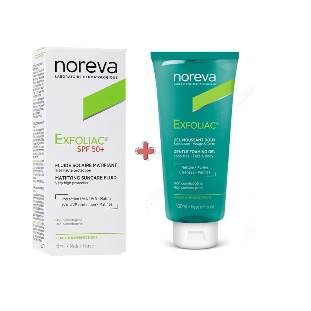 Exfoliac-duo-pack-ecran-solaire-spf50-40mlgel-moussant-doux-100ml-1.jpg Noreva Exfoliac Ecran Solaire Spf50+ 40ml + Gel moussant Doux 100ml PACK