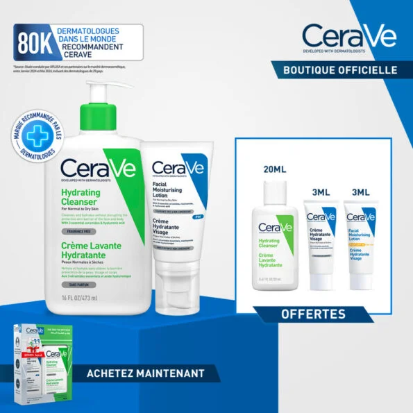CeraVe Crème Lavante Hydratante Peau Normale à Sèche 473ml + Crème Hydratante = 3 Miniatures Offertes