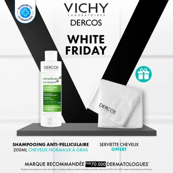 Vichy Dercos Shampoing Traitant Anti-Pelliculaire Cheveux Normaux à Gras | 200ml = Serviette Offerte
